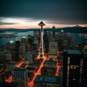 Nighttime Cityscape: Modern Skyscrapers in Urban Center