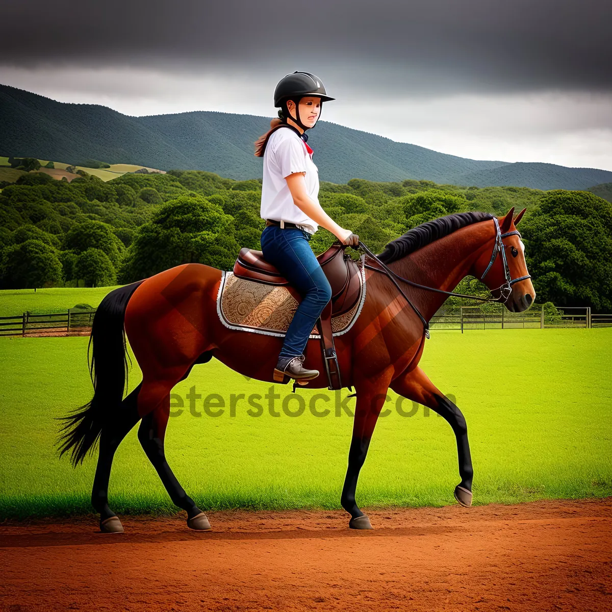 Picture of Majestic stallion in equestrian field with jockey.