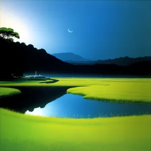 Serene Sunset Over Golf Course and Lake