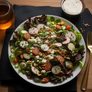 Healthy Vegetable Salad with Fresh Seafood and Spicy Sauce