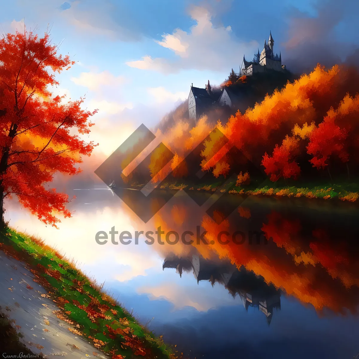 Picture of Autumnal Forest Scene at Sunset with Reflection in Lake