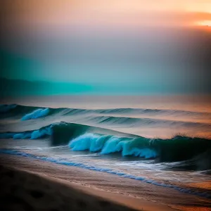 Golden Coastal Sunset: Serene Beach Water Meeting Orange Horizon