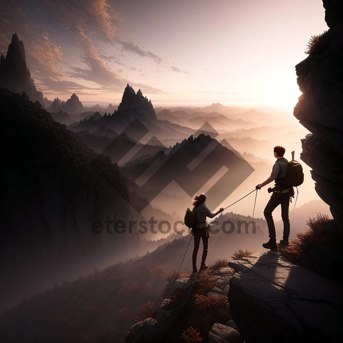 Picture of Adventurous Trekker Embracing Majestic Mountain Sunset