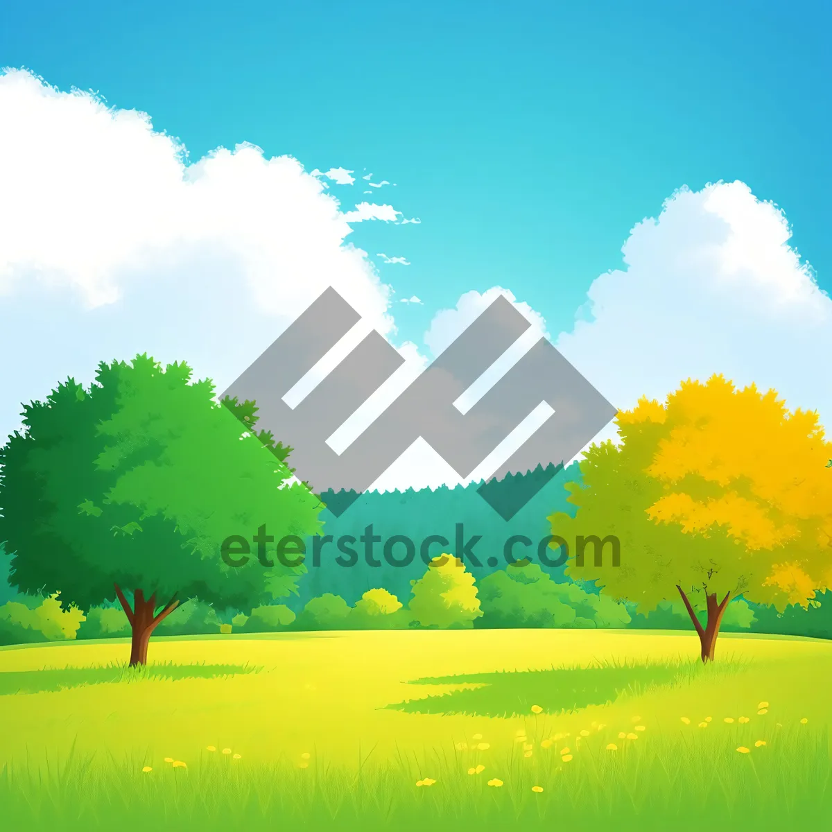 Picture of Vibrant countryside meadow with oak tree and clear blue sky