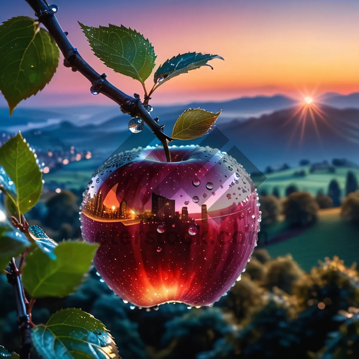 Picture of Festive Red Delicious Apple Glass Ornament Branch