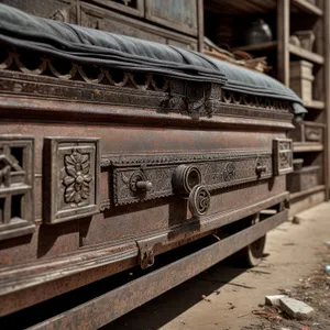 Vintage railcar passing by historic architecture