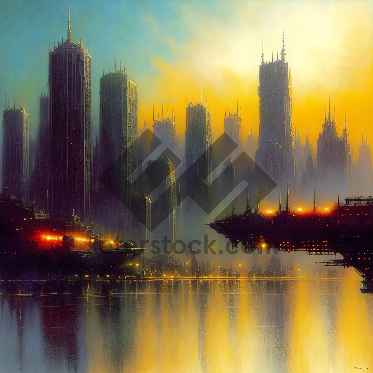 Picture of Cityscape Reflection at Night: Urban Skyline with Skyscrapers and River