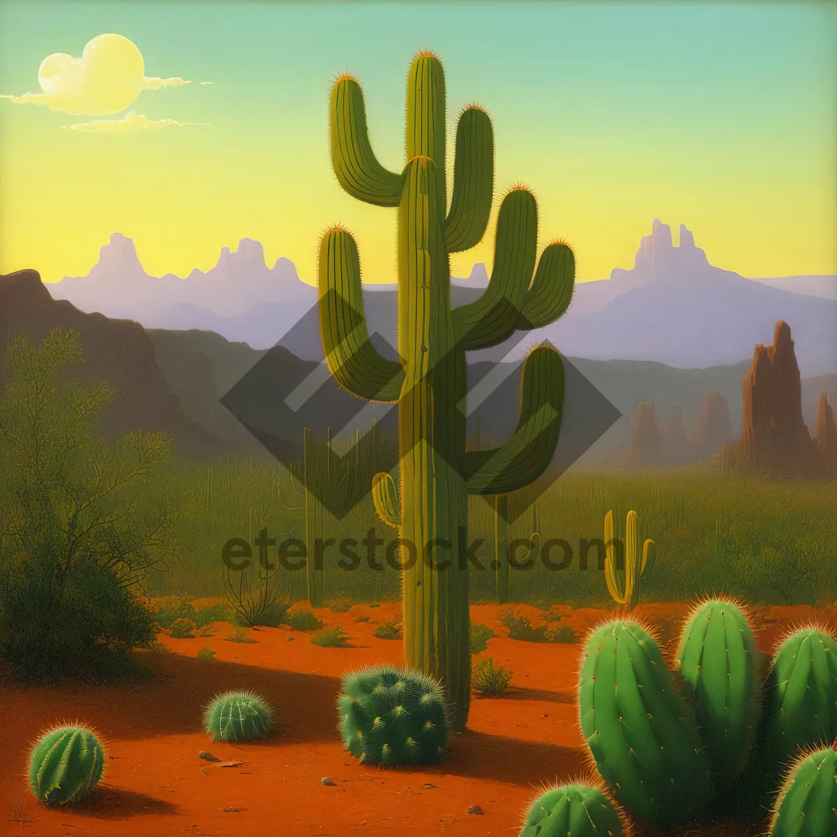 Picture of Saguaro Sunset: Majestic Cactus Blooms in Desert Sky