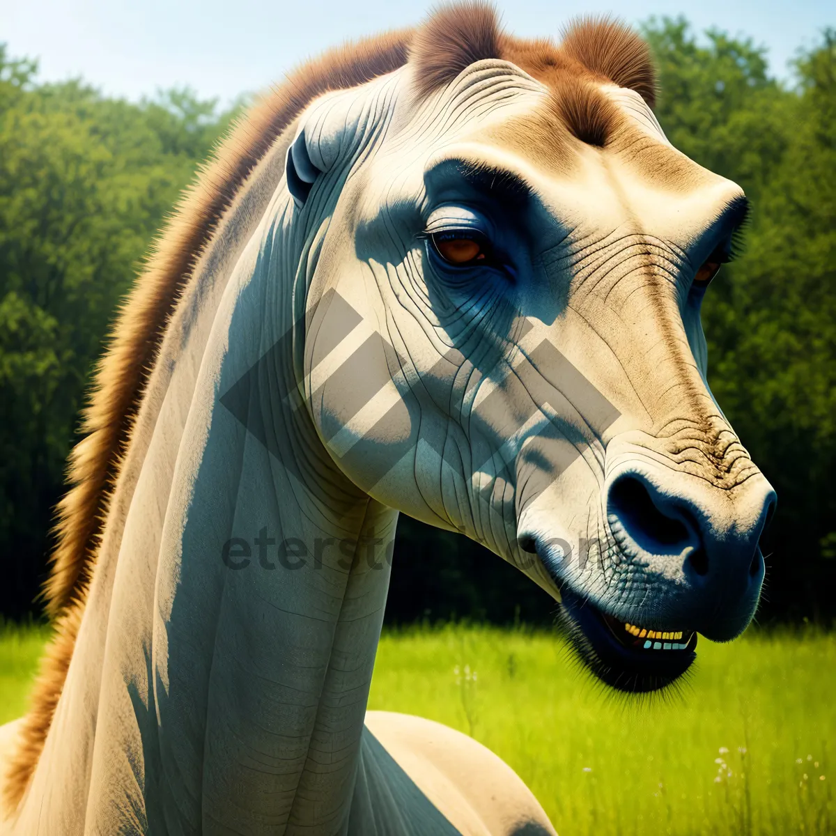 Picture of Brown Thoroughbred Stallion Grazing in Pasture.