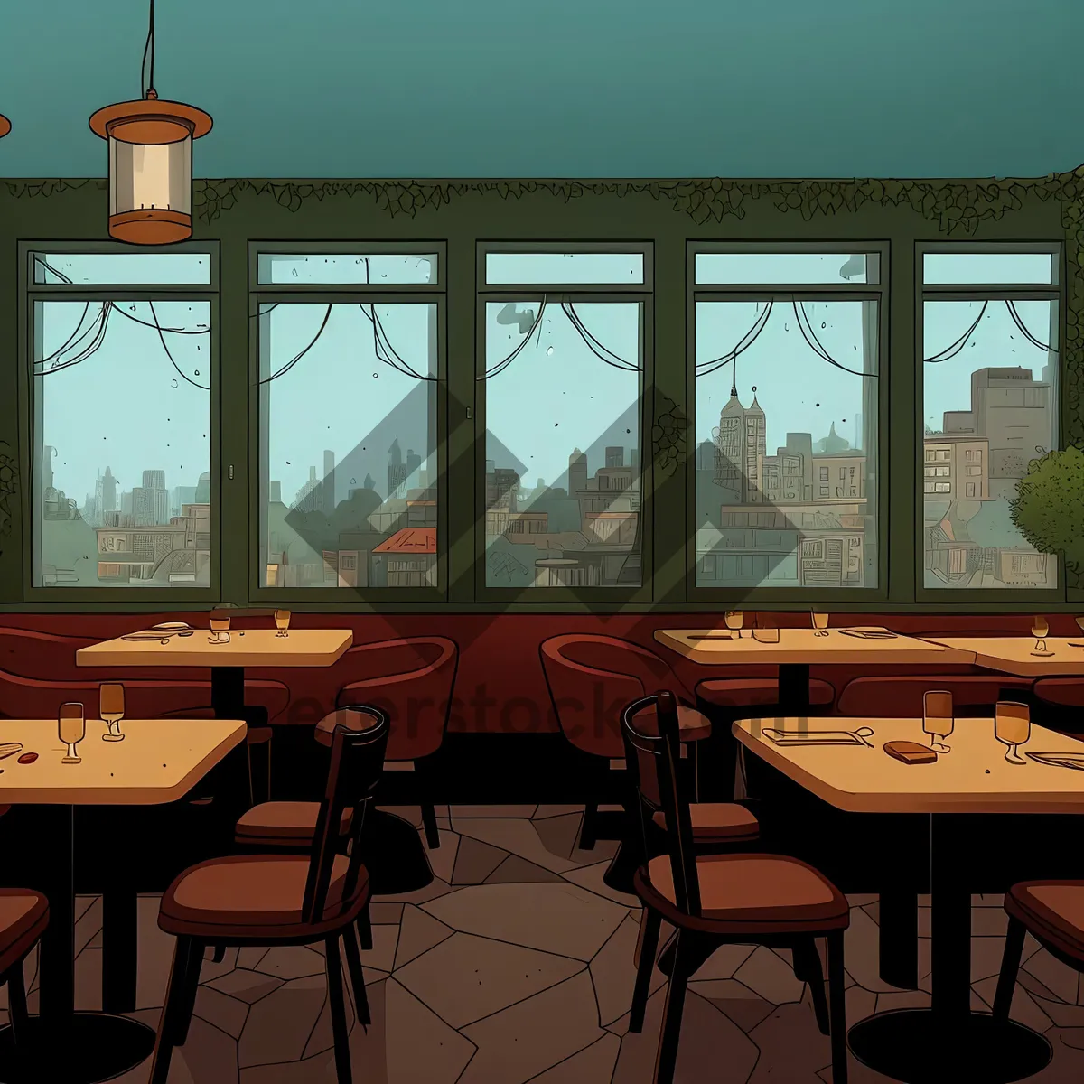 Picture of Modern restaurant interior design with wooden chairs and table