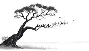 Black summer tree silhouette with floral decoration outline.