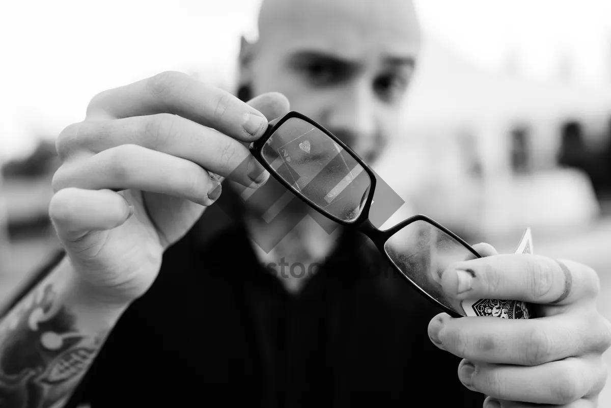 Picture of Attractive business man in sunglasses holding phone.