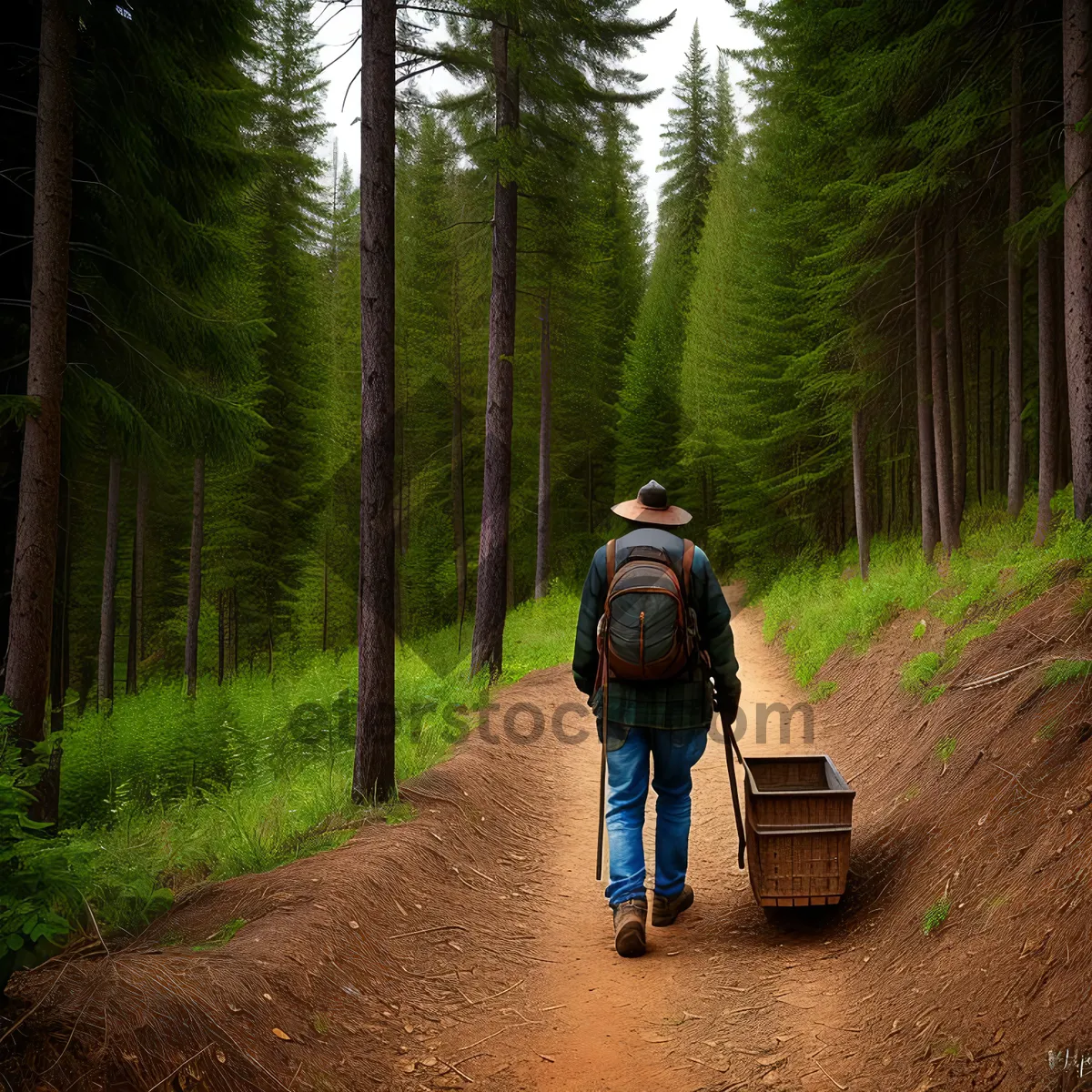 Picture of Man walking through a lush summer forest path