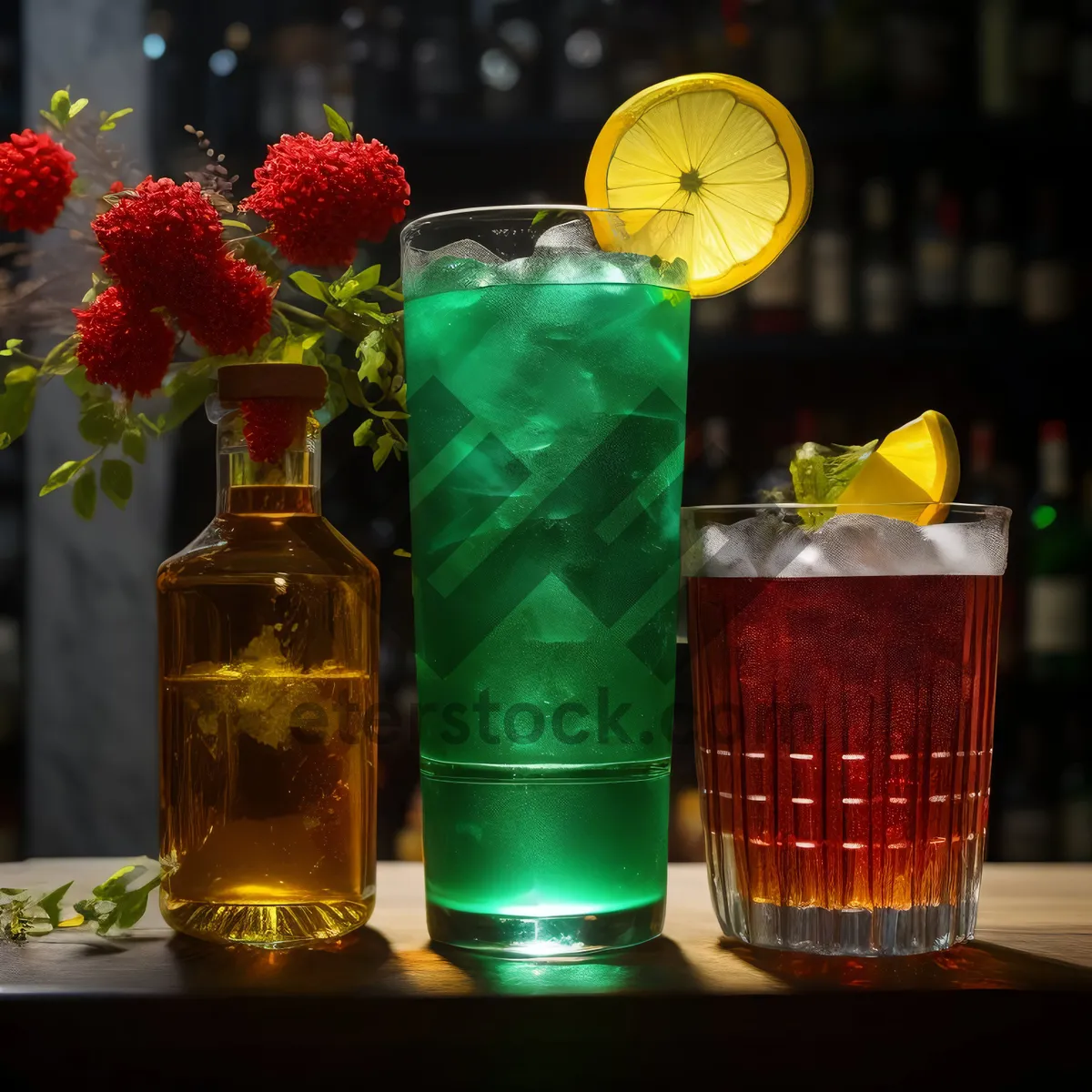 Picture of Yellow Cocktail Shaker with Ice and Beer Glass