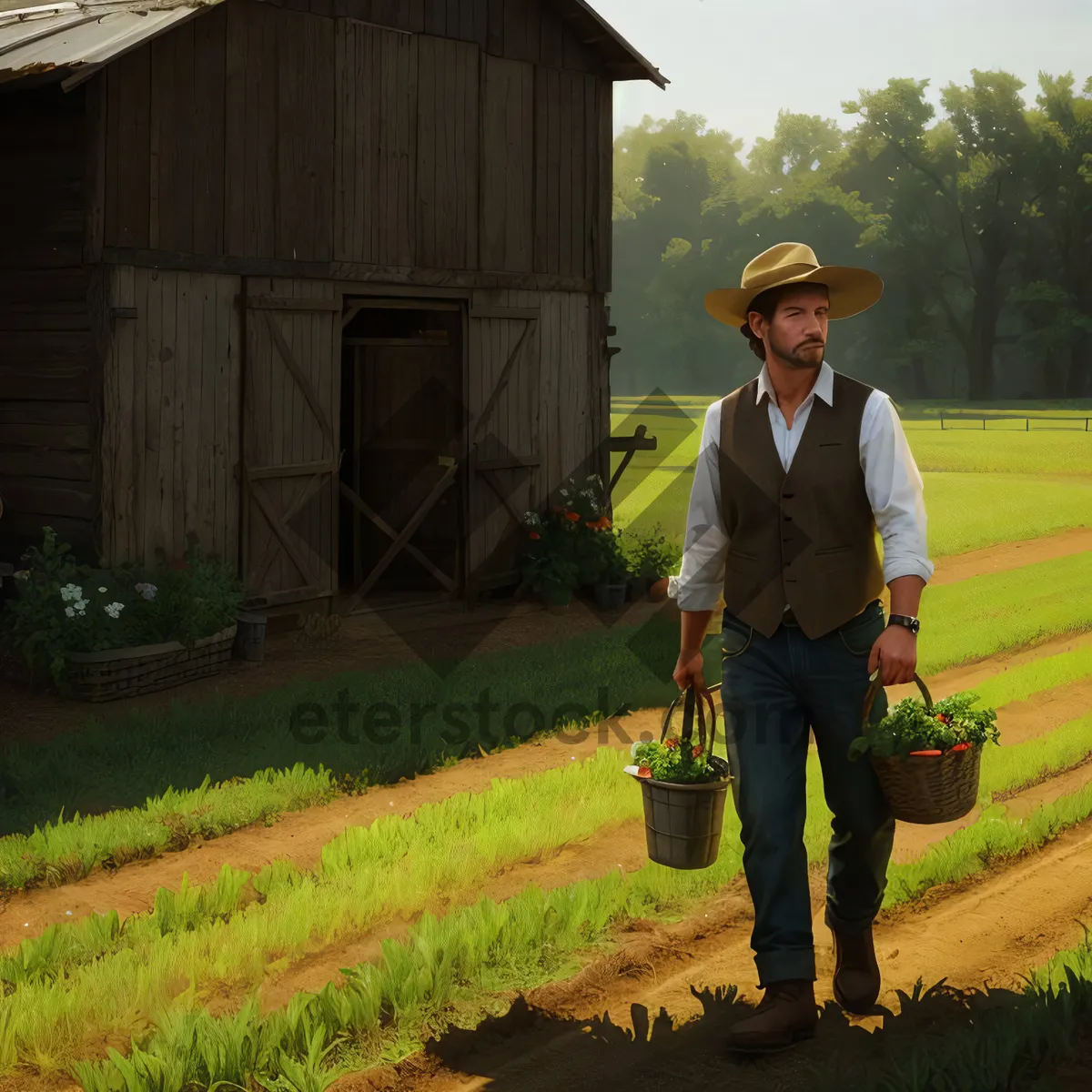 Picture of Man mowing grass with croquet mallet on summer day