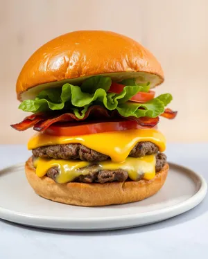 Gourmet Cheeseburger with Grilled Vegetables and Lettuce