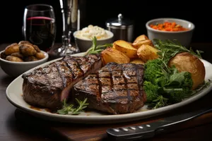 Savory steak dinner with fresh vegetables and sauce.