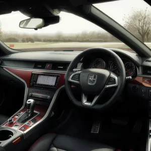 Car interior with steering wheel and speedometer.