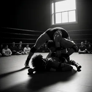 Adult wrestler on black wrestling mat