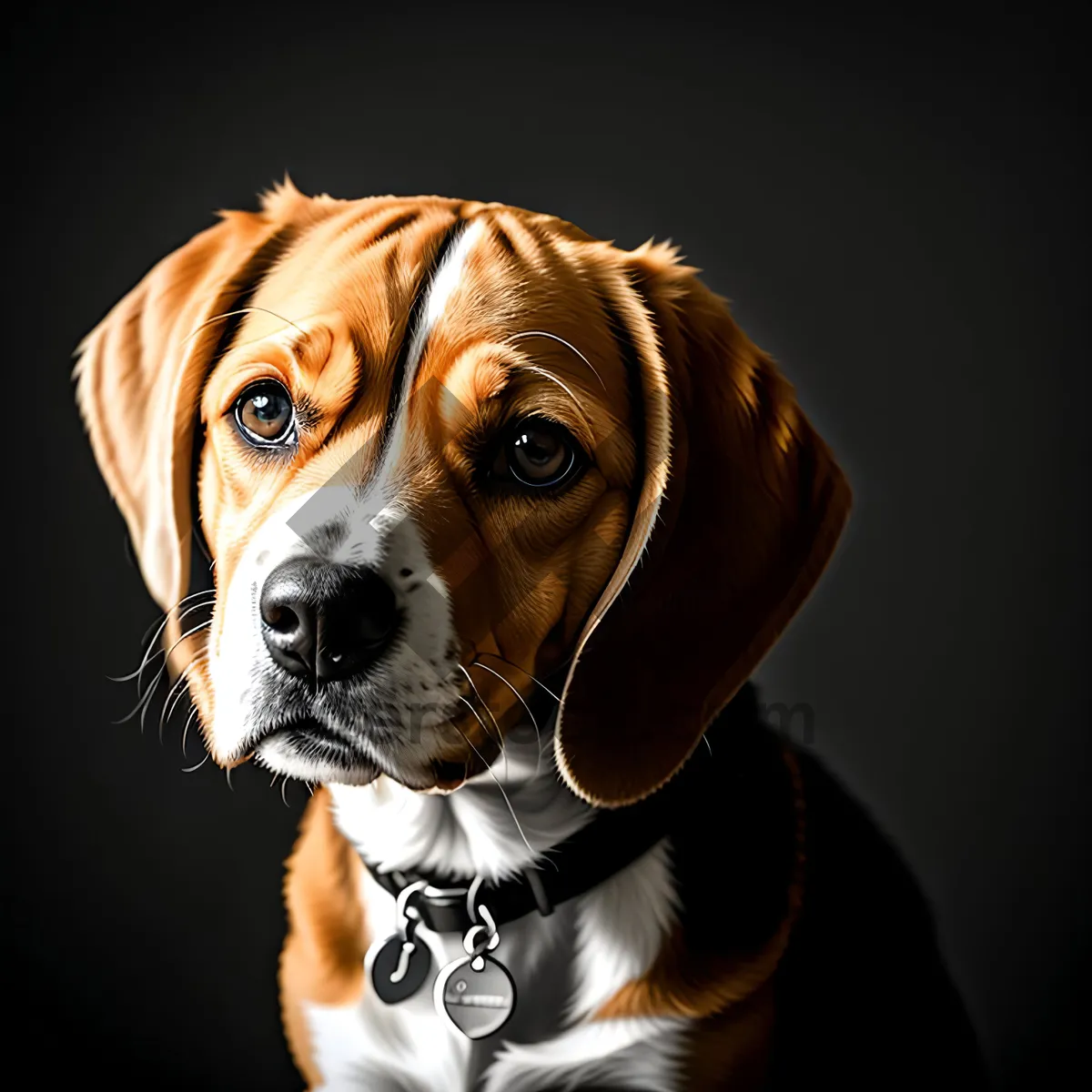 Picture of Adorable Beagle Puppy with Brown Collar in Studio