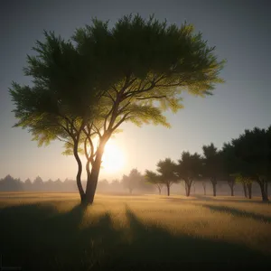 Sunset Over Rural Horizon with Tree and Field