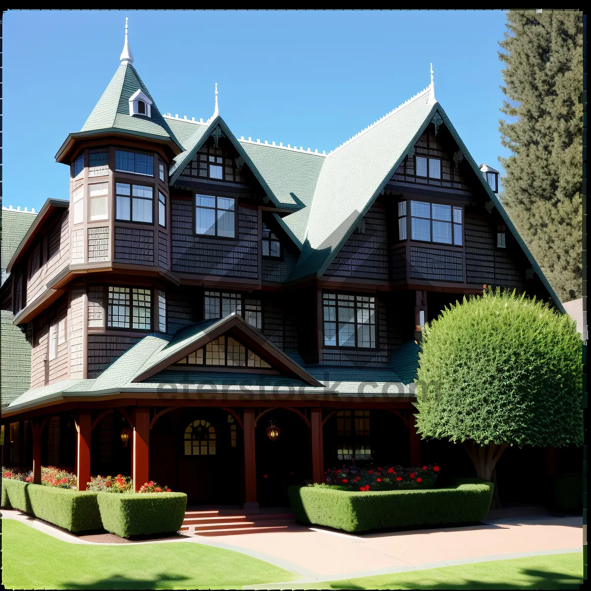 Picture of Modern Brick Residence with Landscaped Roof and Skyline View