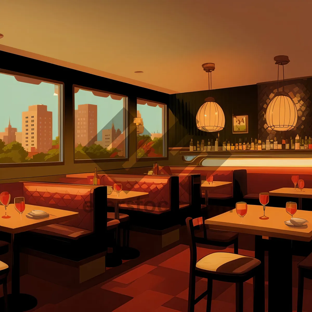 Picture of Modern restaurant interior design with luxury furniture and lamp