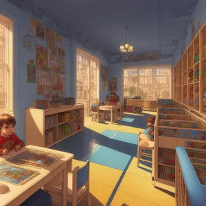 Modern Library Room with Wooden Table and Chair