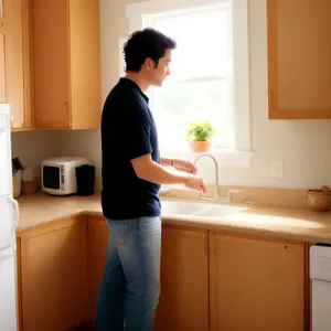 Happy man with microwave in modern kitchen.