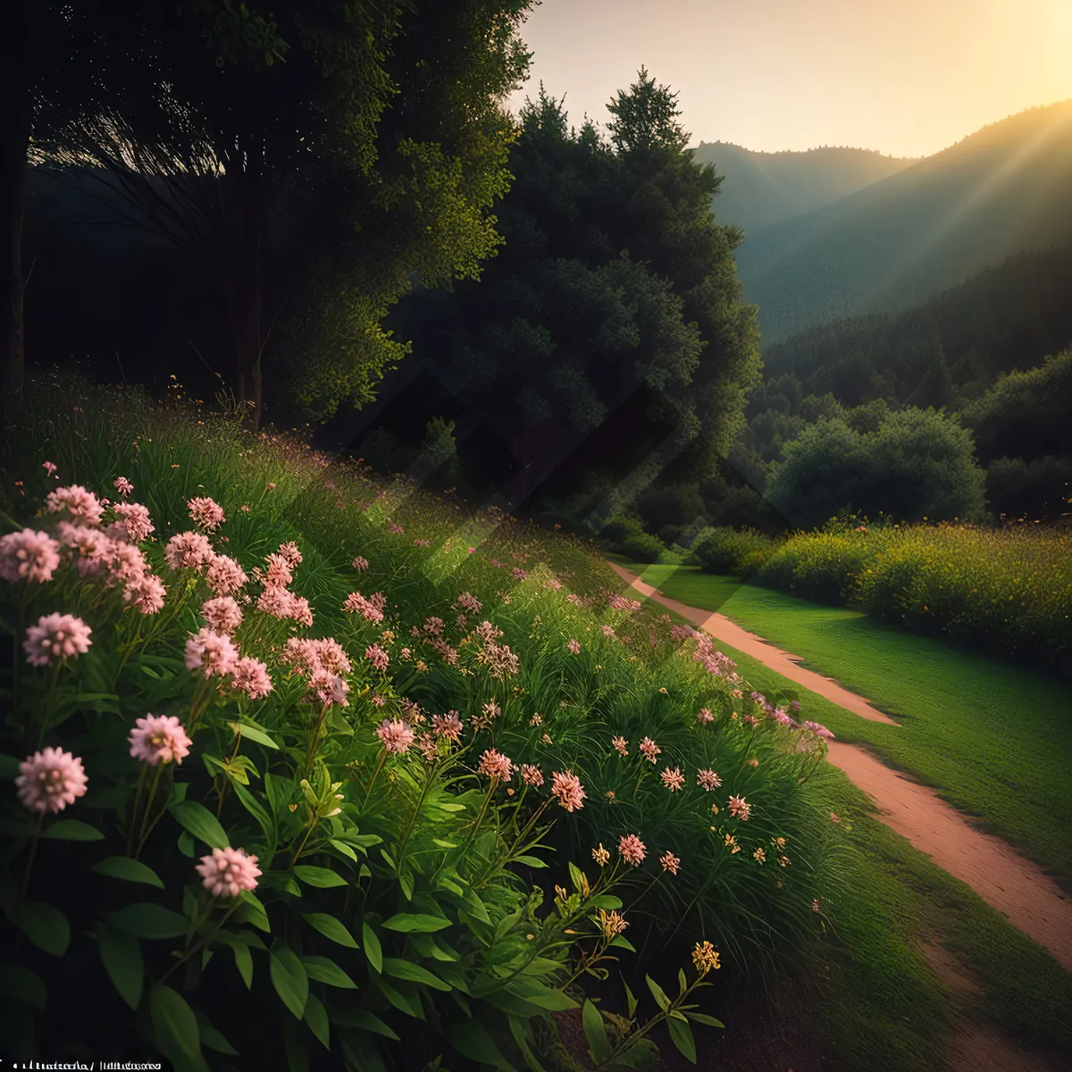 Picture of Serene Summer Meadow with Picket Fence and Blooming Flowers