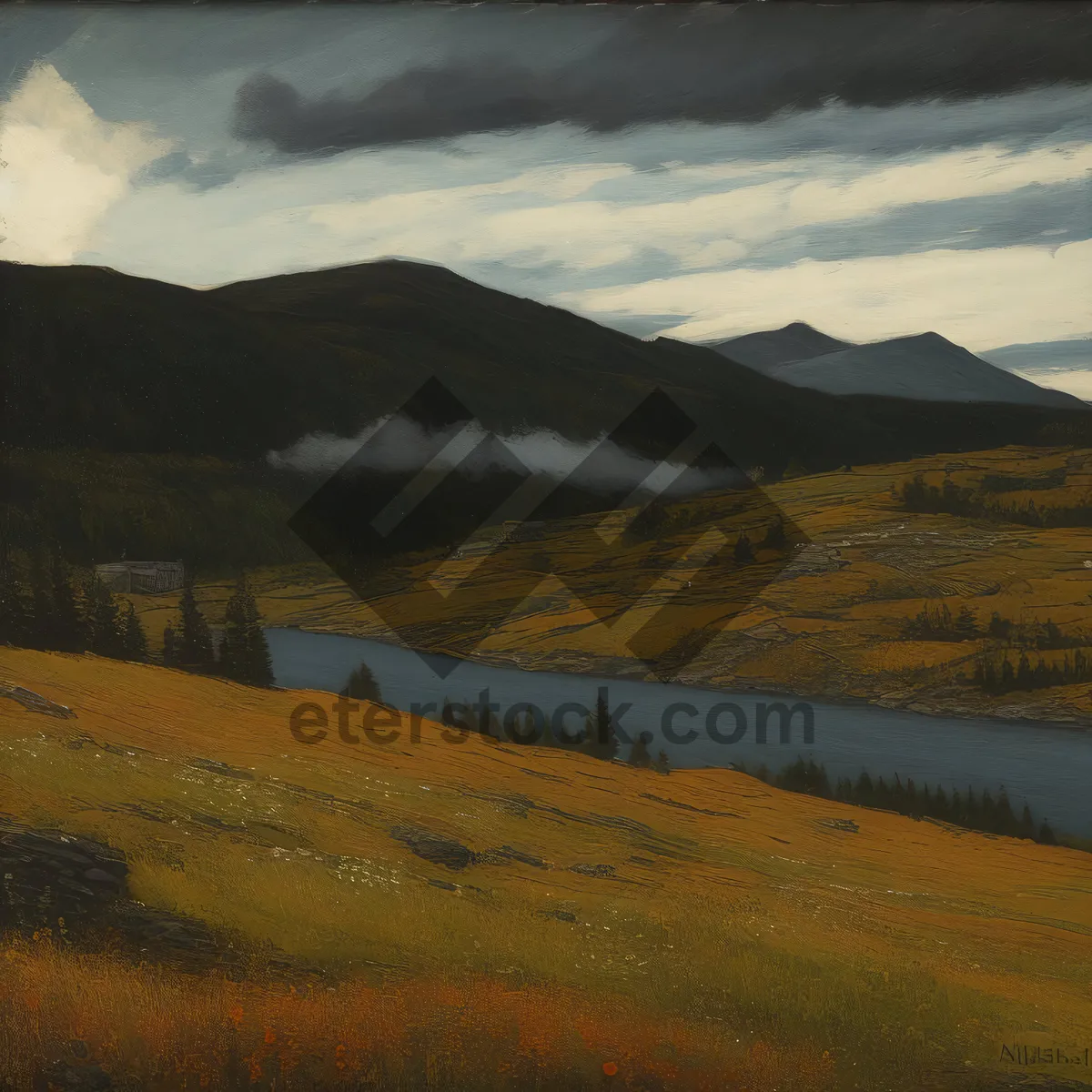 Picture of Sunset over snowy mountains in summer