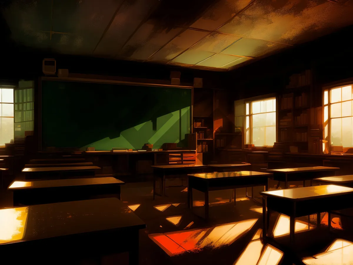 Picture of Modern restaurant interior design with wooden furniture and lamp.