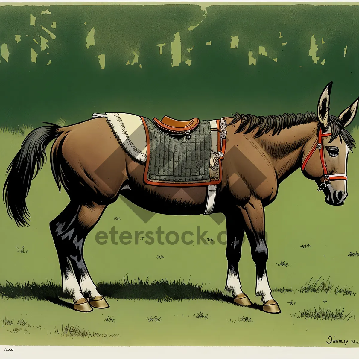 Picture of Thoroughbred stallion in harness for equestrian sport