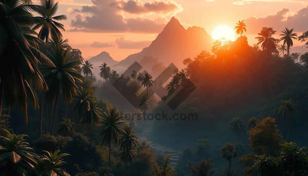 Picture of Orange sunset silhouette in mountain park.