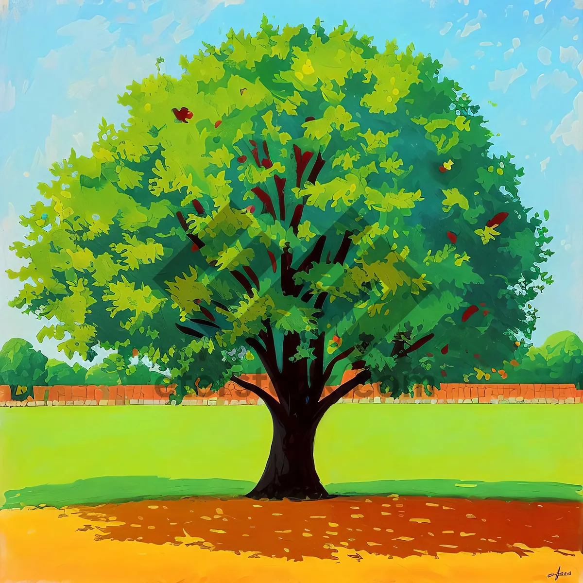 Picture of Serene Oak in Lush Landscape Under Blue Sky