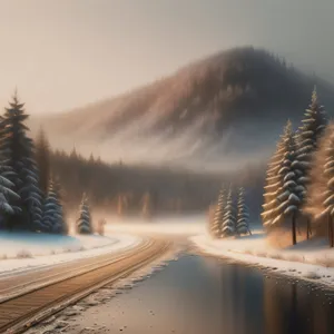 Winter Wonderland: Majestic Snowy Mountain Landscape in Evergreen Forest