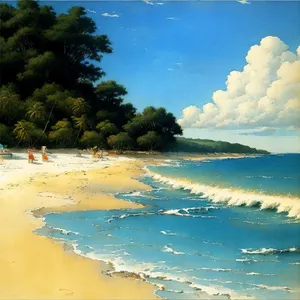 Tranquil Turquoise Paradise: Beach, Palm Trees, and Clear Waters