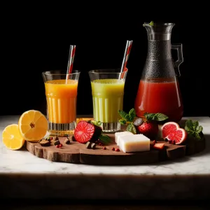 Healthy Breakfast Fruit Plate with Tea and Juice
