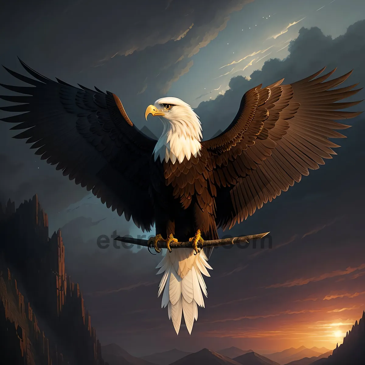 Picture of Majestic Bald Eagle Soaring Through Blue Sky