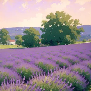 Blooming Lavender Shrub in Lush Countryside Field