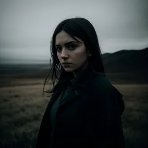 Smiling brunette model in fashionable black cloak.