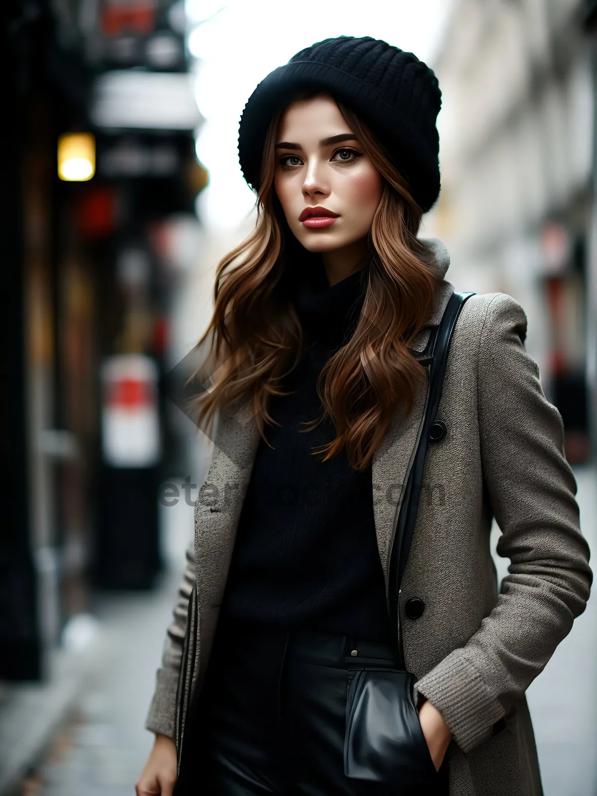 Picture of Smiling brunette businesswoman in stylish leather attire