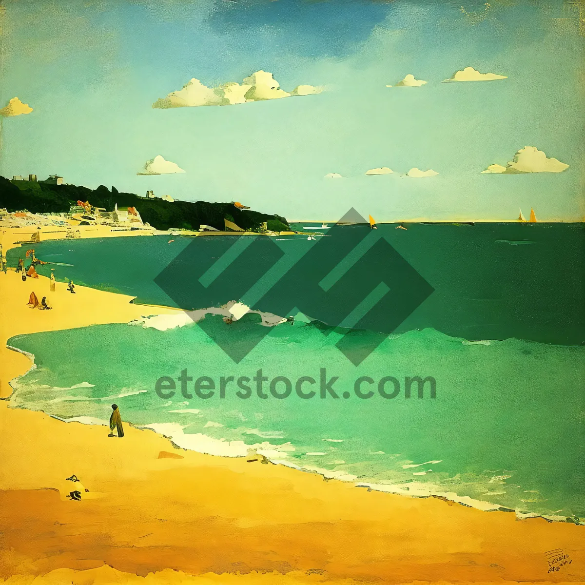 Picture of Sunny Seaside Paradise with Waves Crashing on Rock