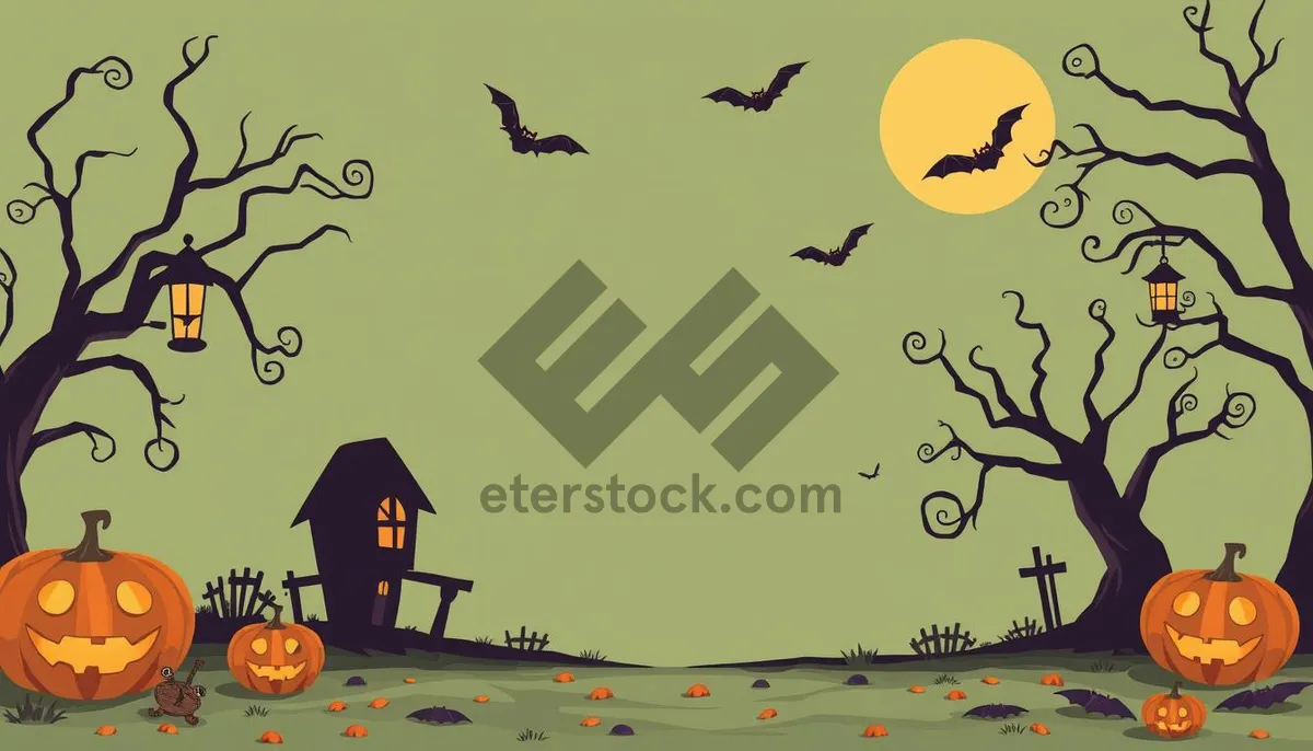 Picture of Halloween Night Silhouette Scene with Moon and Pumpkins
