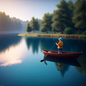 Serene Lake Reflection with Kayak and Paddle