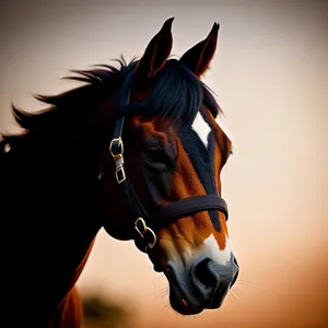 Brown stallion with bridle and mane in field