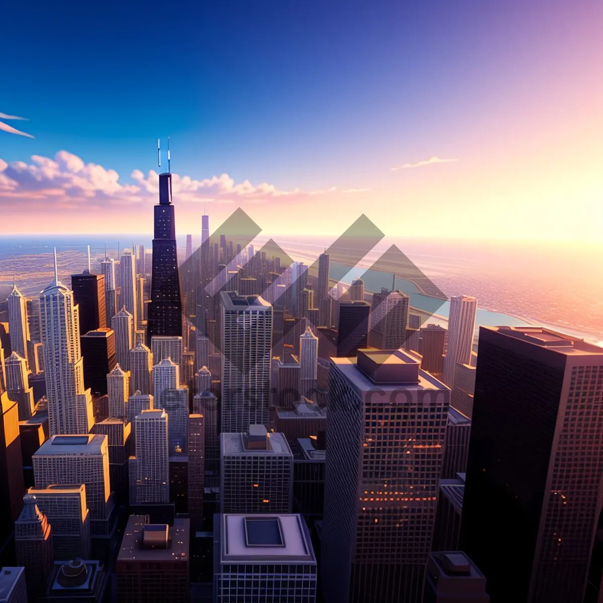 Picture of Urban Skyline Silhouetted Against Vibrant Sunset