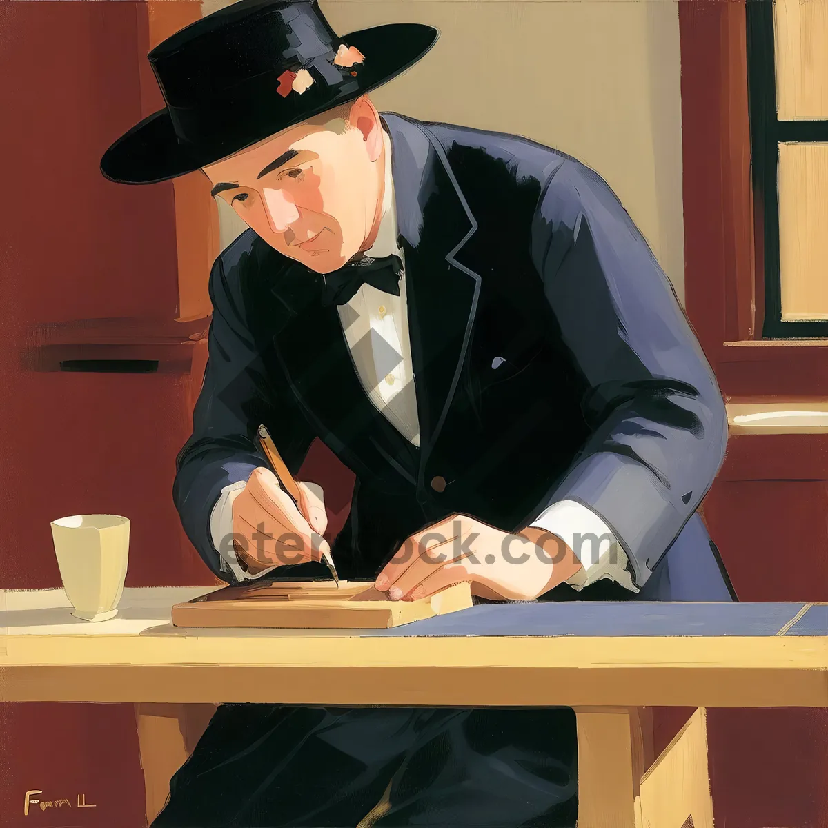 Picture of Happy businessman working at office desk with laptop.