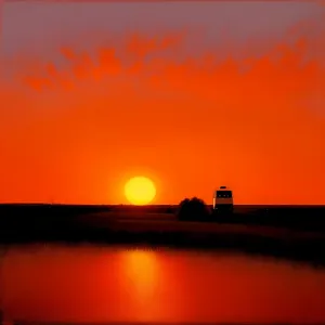 Majestic Ocean Sunset with Silhouette Tower