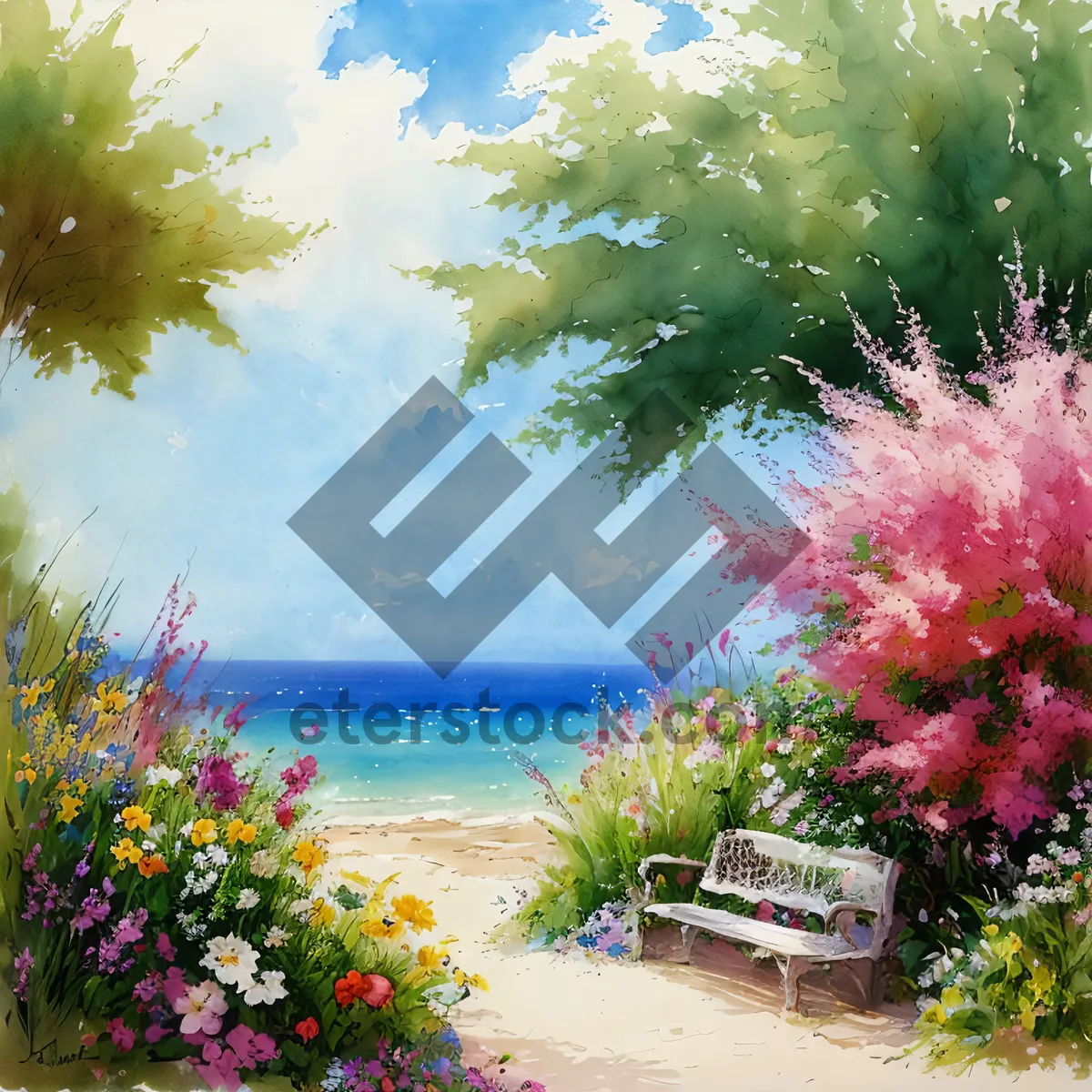 Picture of Tropical paradise: Sandy beach and palm trees against the azure sea.